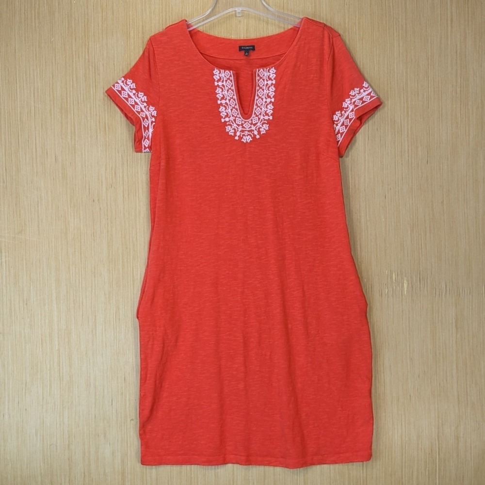 Talbots Boho Embroidered Shift Dress Size L Orange Cotton Split Neck Resortwear